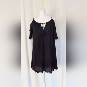 Cover 2 Cover Womens Small Short Sleeve Cold Shoulder Tassled Cover Up Black